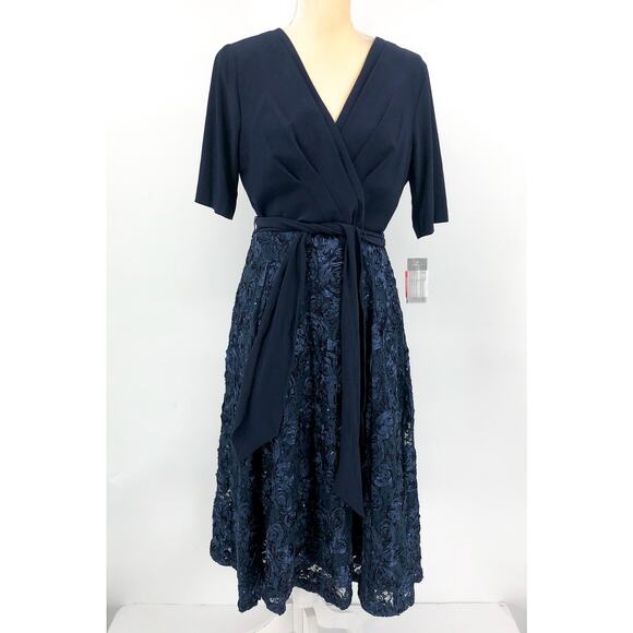 ALEX EVENINGS Tea-Length Soutache Dress 12 PETITE Navy Blue Tie Belt NWT - Picture 3 of 10